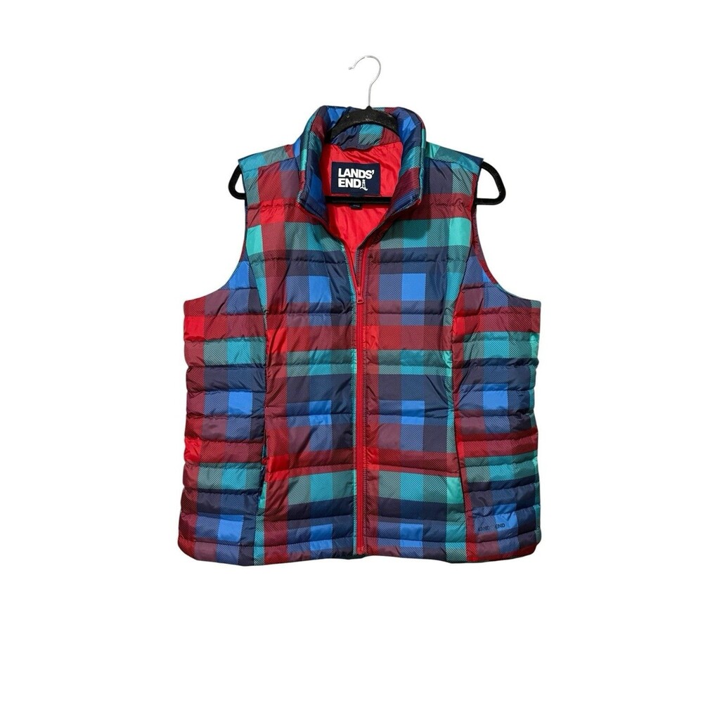 Lands’ End Down Puffer Vest Plaid Colorblock Zip Womens XL 18